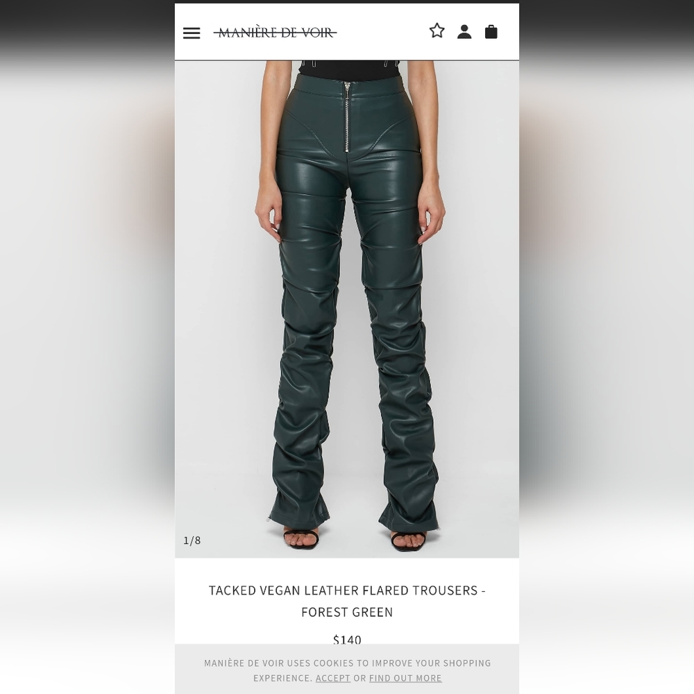 NWT Tacked Vegan Leather Flared Trousers - Forest Green